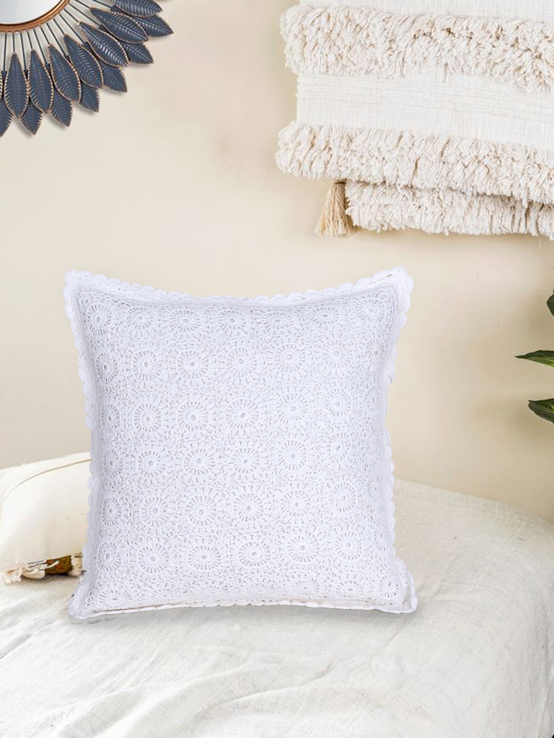 

Mezposh White Set of Single Self Design Square Cushion Covers