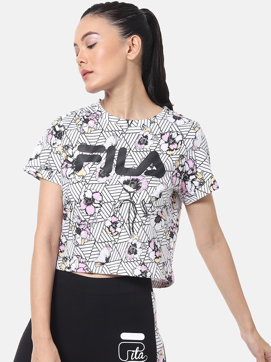 

FILA White & Black Brand Logo Printed Regular Crop Top
