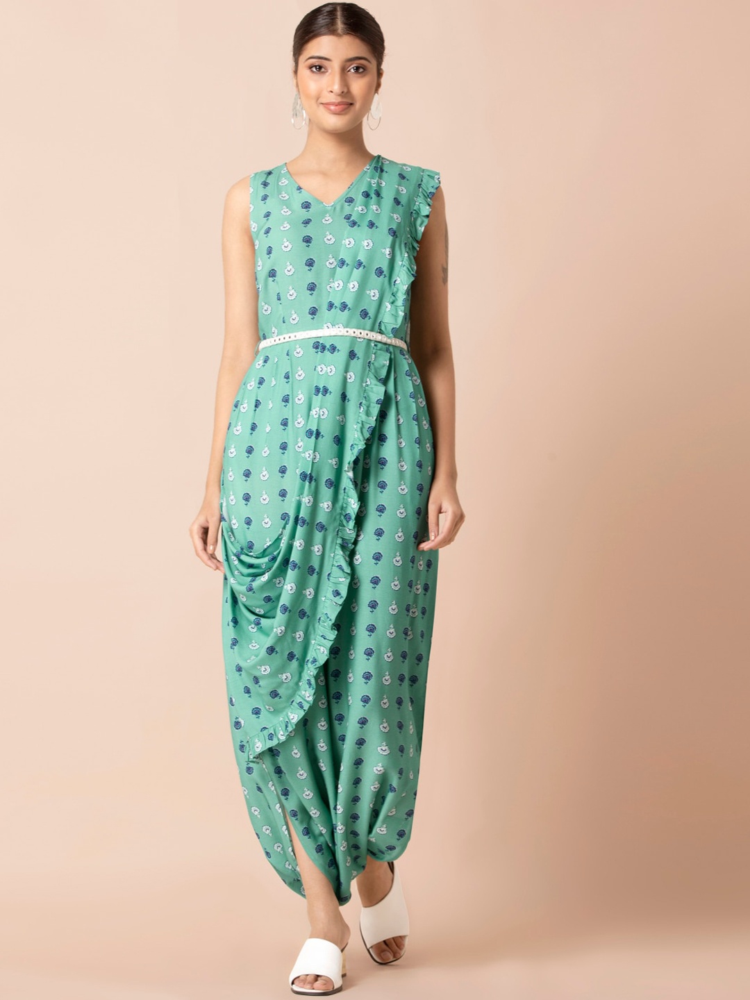 

Rang by Indya Sea Green Floral Boota Jumpsuit with Attached Dupatta