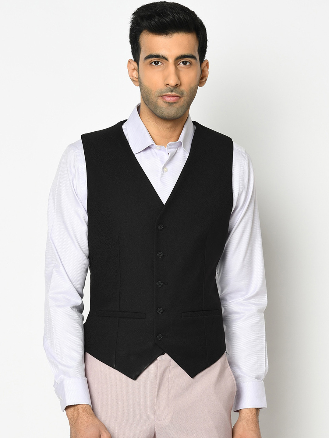 

Blackberrys Men Black Solid Woven Waistcoat