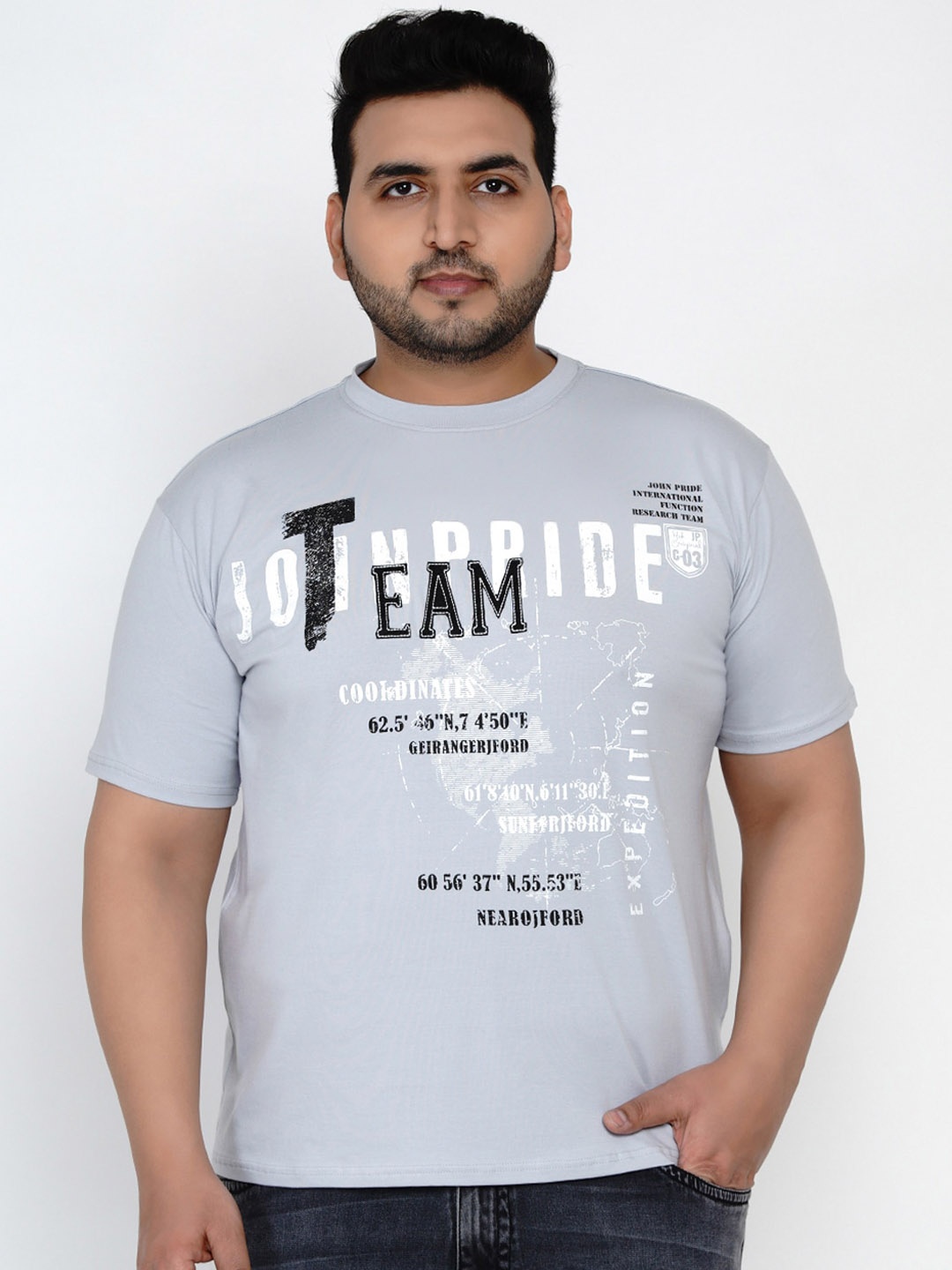 John Pride Plus Size Grey Printed Round Neck T-shirt