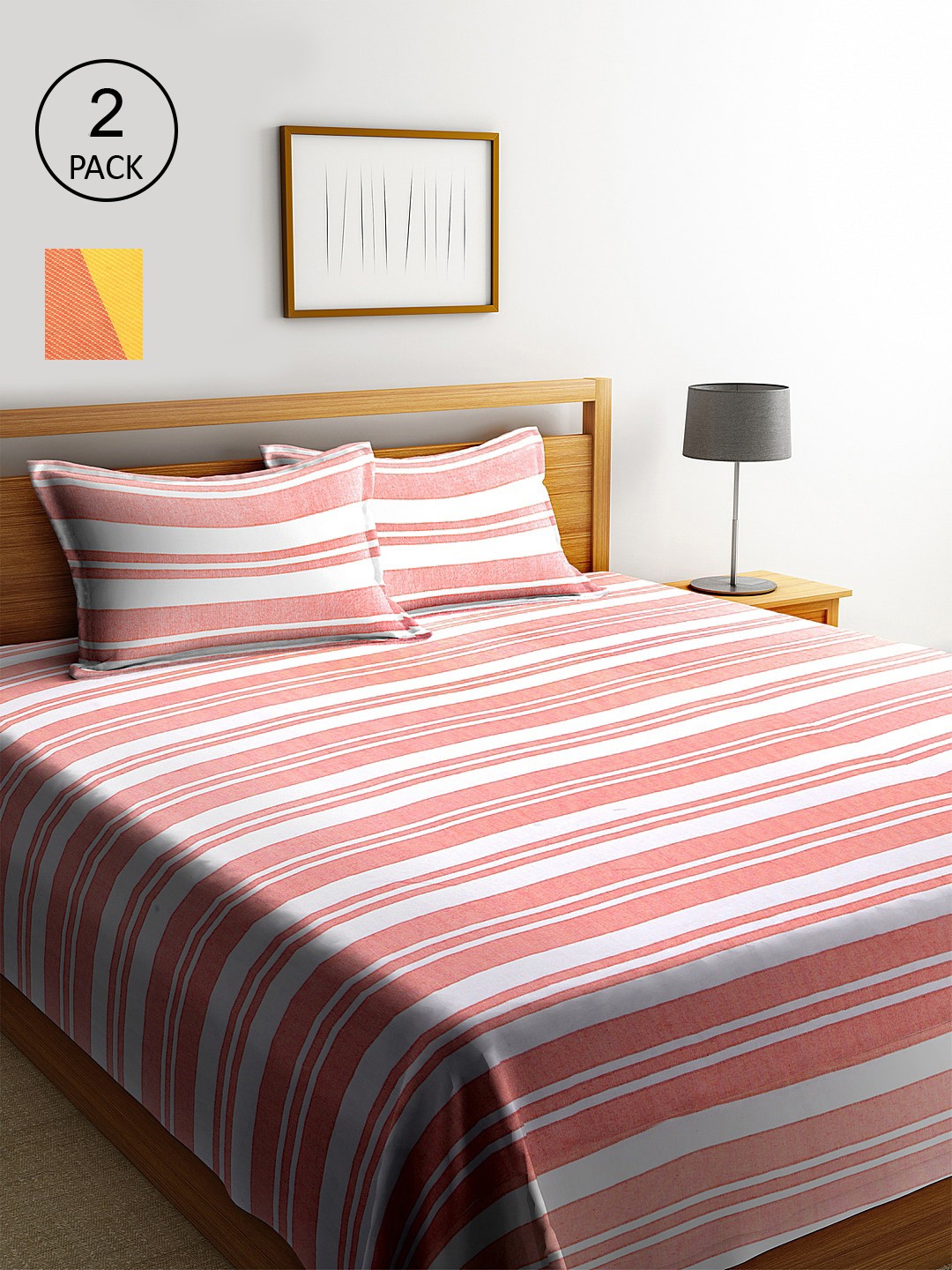

KLOTTHE Set of 2 Pink & Orange Striped Double King Bed Covers With 4 Pillow Covers
