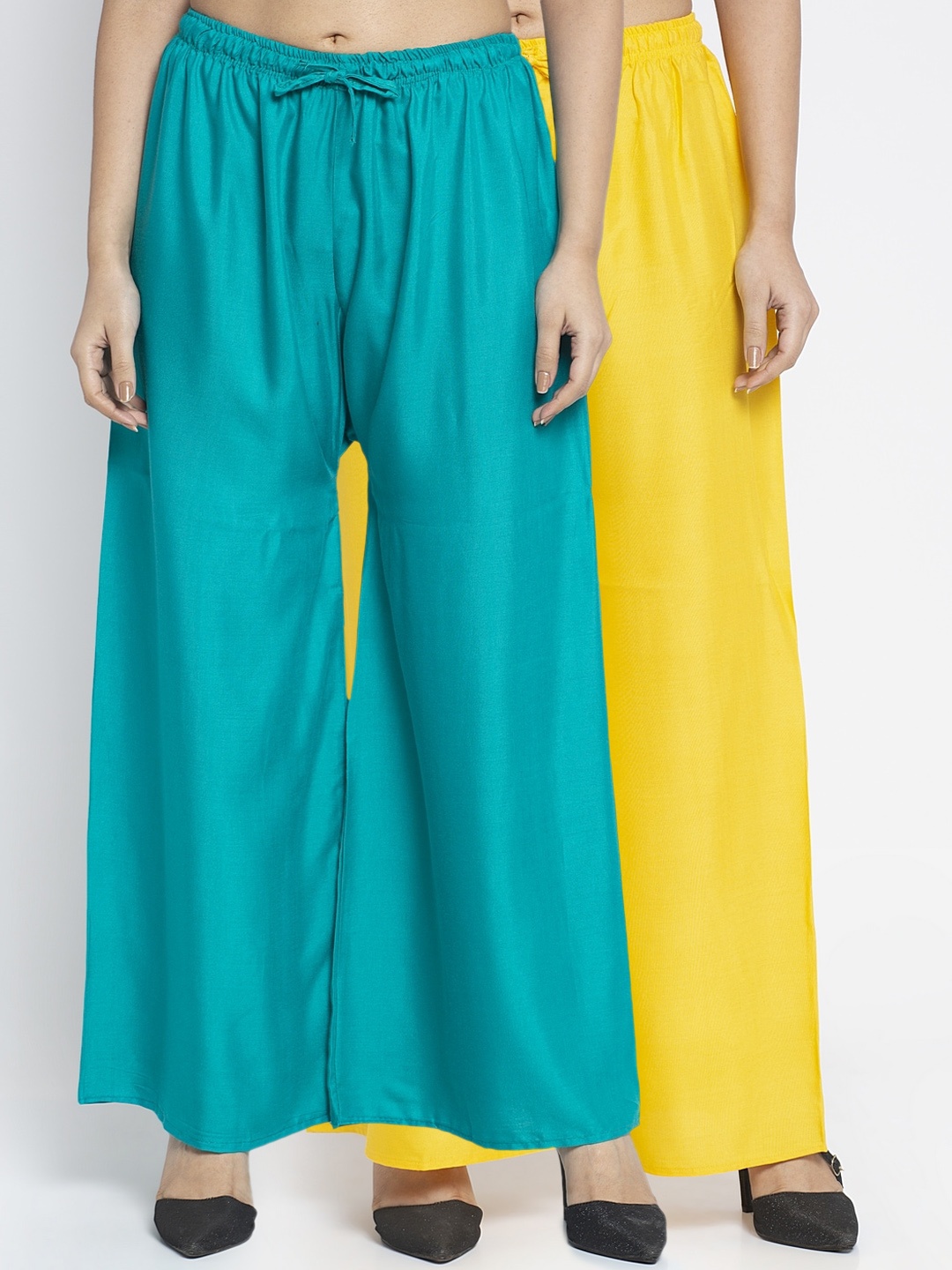 

GRACIT Women Yellow & Turquoise Blue Set of 2 Solid Flared Palazzos