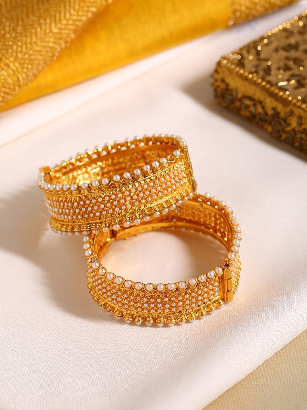 

Shoshaa Set Of 2 Gold-Plated & White Beaded Handcrafted Bangles