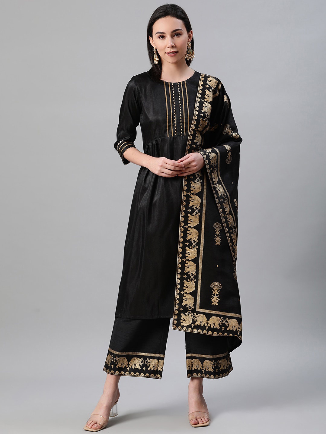 

ZIYAA Women Black Yoke Design Kurta with Palazzos & Dupatta