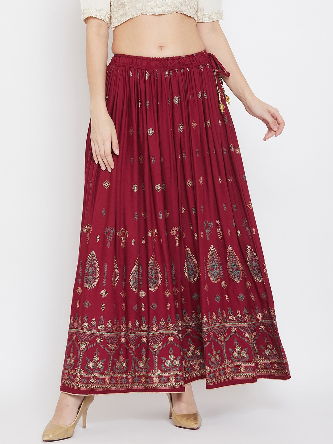 

Clora Creation Women Maroon & Grey Printed Flared Maxi Skirt