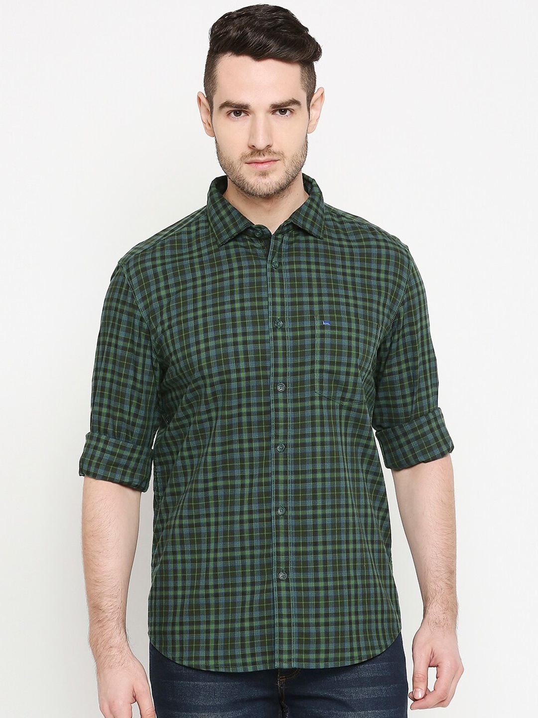 

Basics Men Green Slim Fit Checked Casual Shirt
