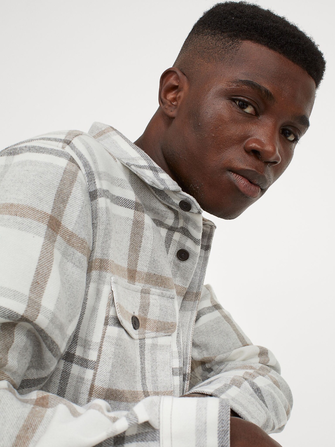 

H&M Men Beige & Grey Twill Shirt Jacket