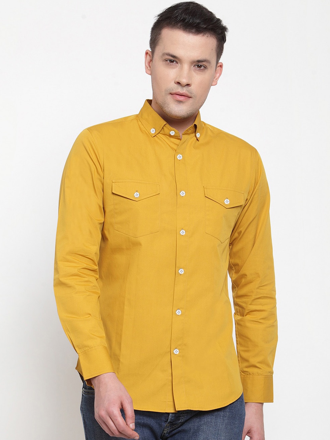 

Purple State Men Mustard Yellow Slim Fit Solid Cotton Casual Shirt