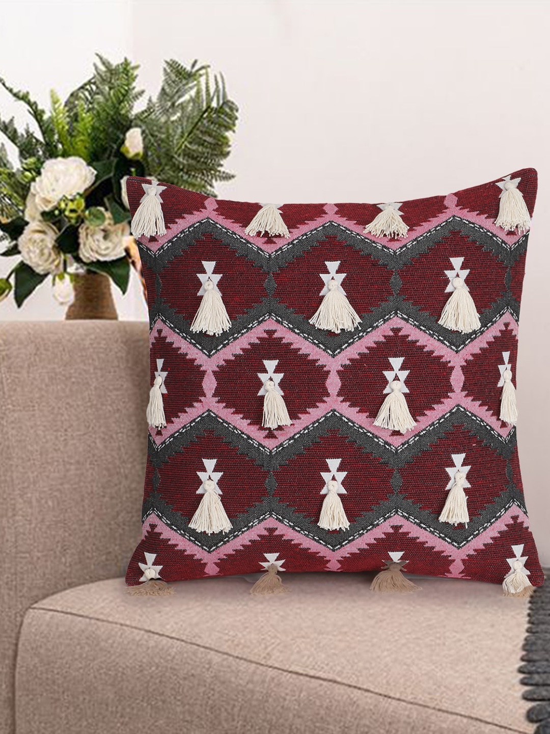 

Mezposh Maroon & White Set of Single Embellished Square Cushion Covers