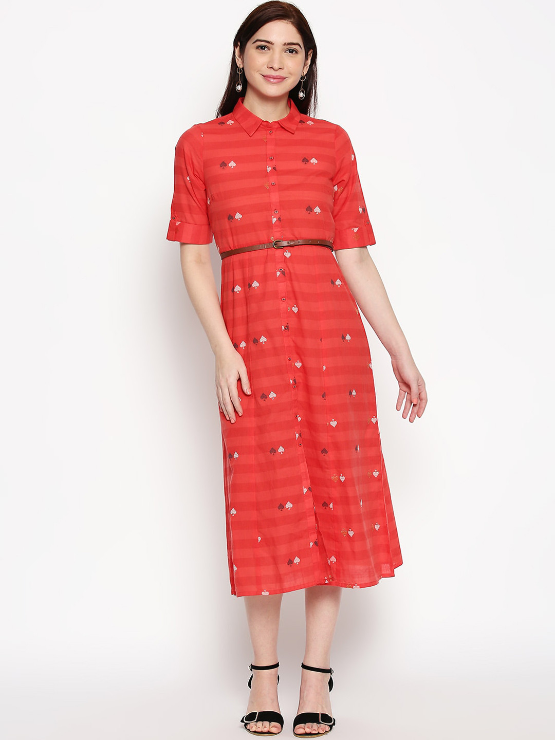 

AKKRITI BY PANTALOONS Women Red Checked Shirt Dress