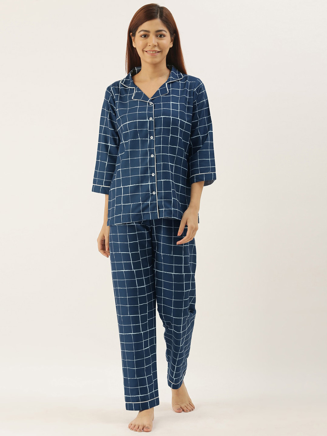 

Bannos Swagger Women Blue & White Solid Night Suit