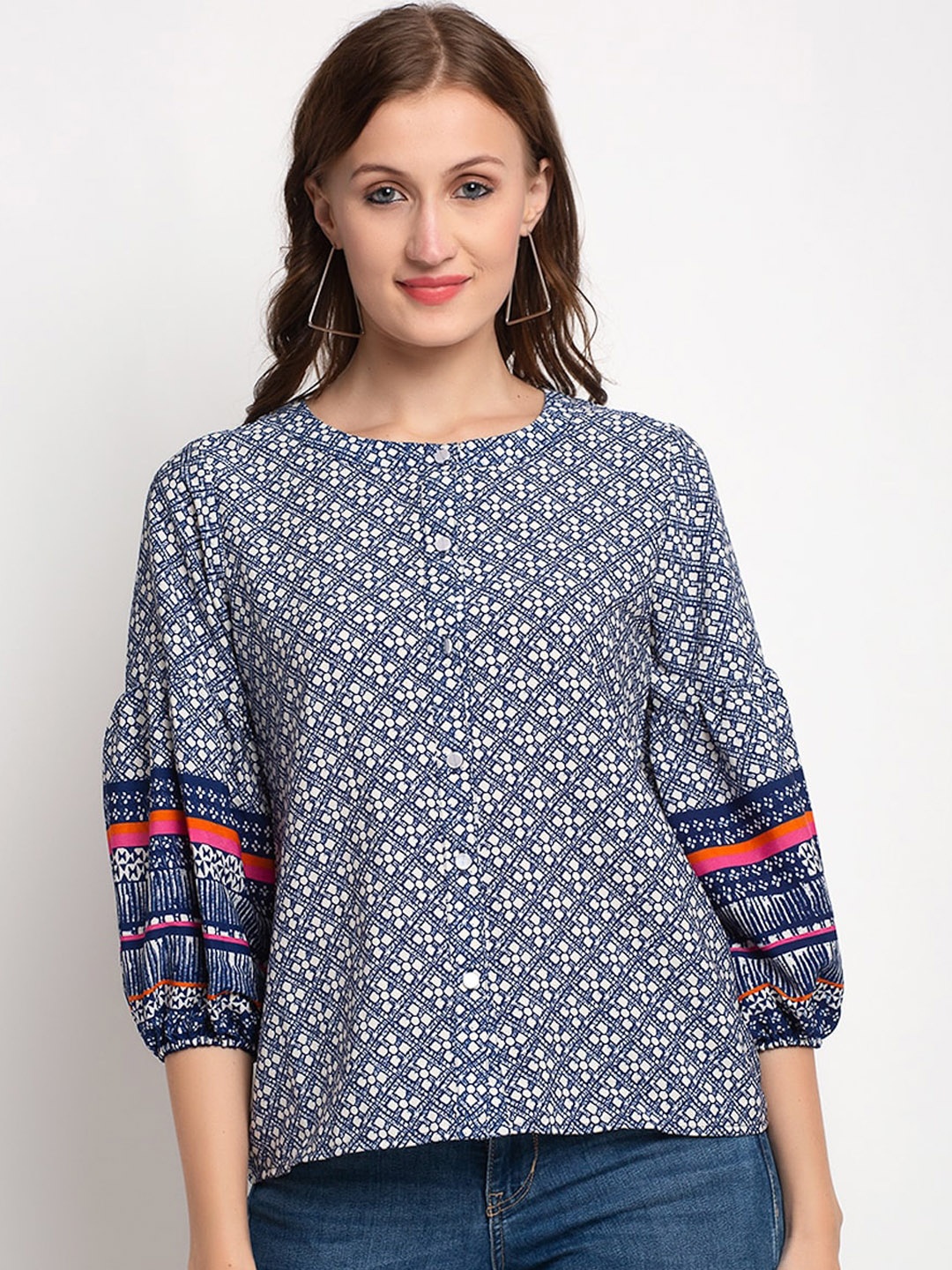 

Aujjessa Blue Geometric Printed Puff Sleeves Crepe Regular Top