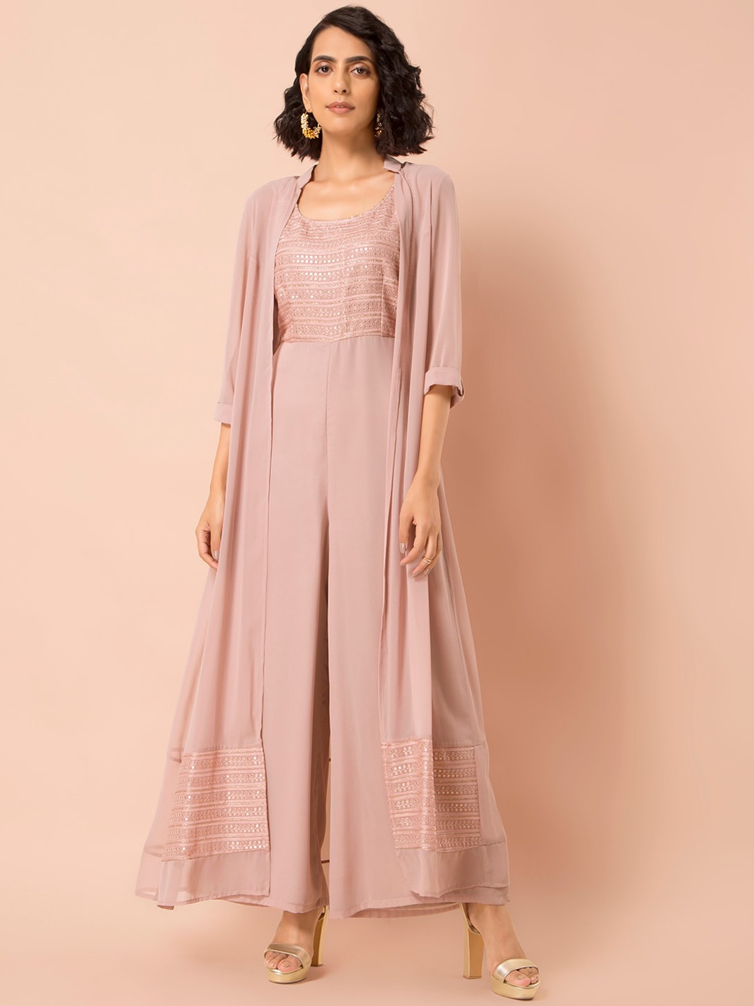 

INDYA Women Blush Pink Embroidered Jumpsuit with Attached Jacket