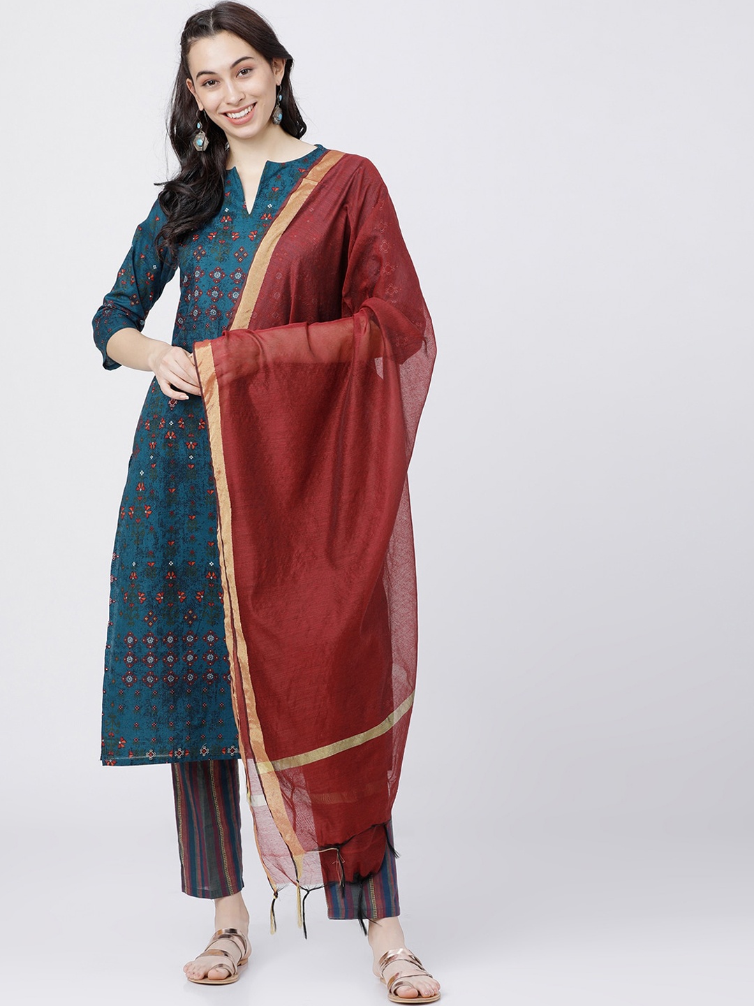 Vishudh Women Teal Printed Kurta with Palazzo and Dupatta