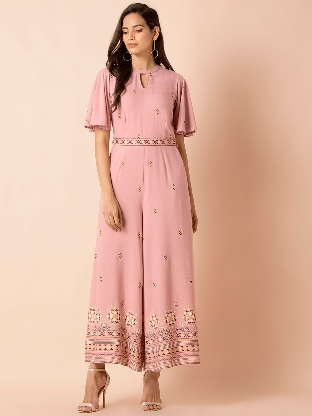 

INDYA Women Pink & Maroon Printed Basic Jumpsuit