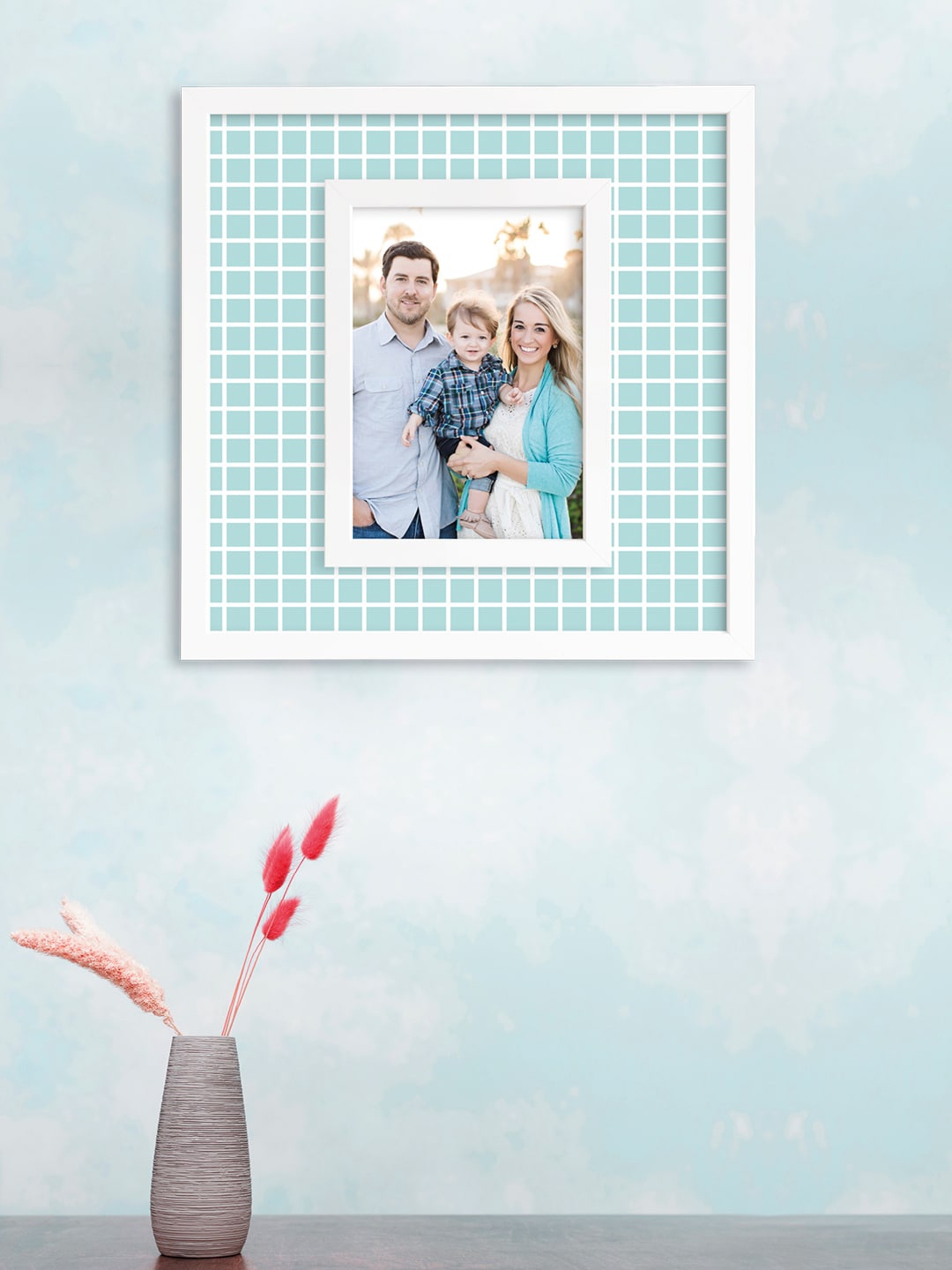 RANDOM White & Turquoise Blue Checked Wall Photo Frame