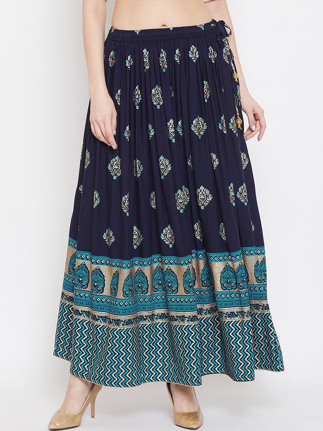 

Clora Creation Women Navy Blue & Gold-Coloured Printed Flared Maxi Skirt