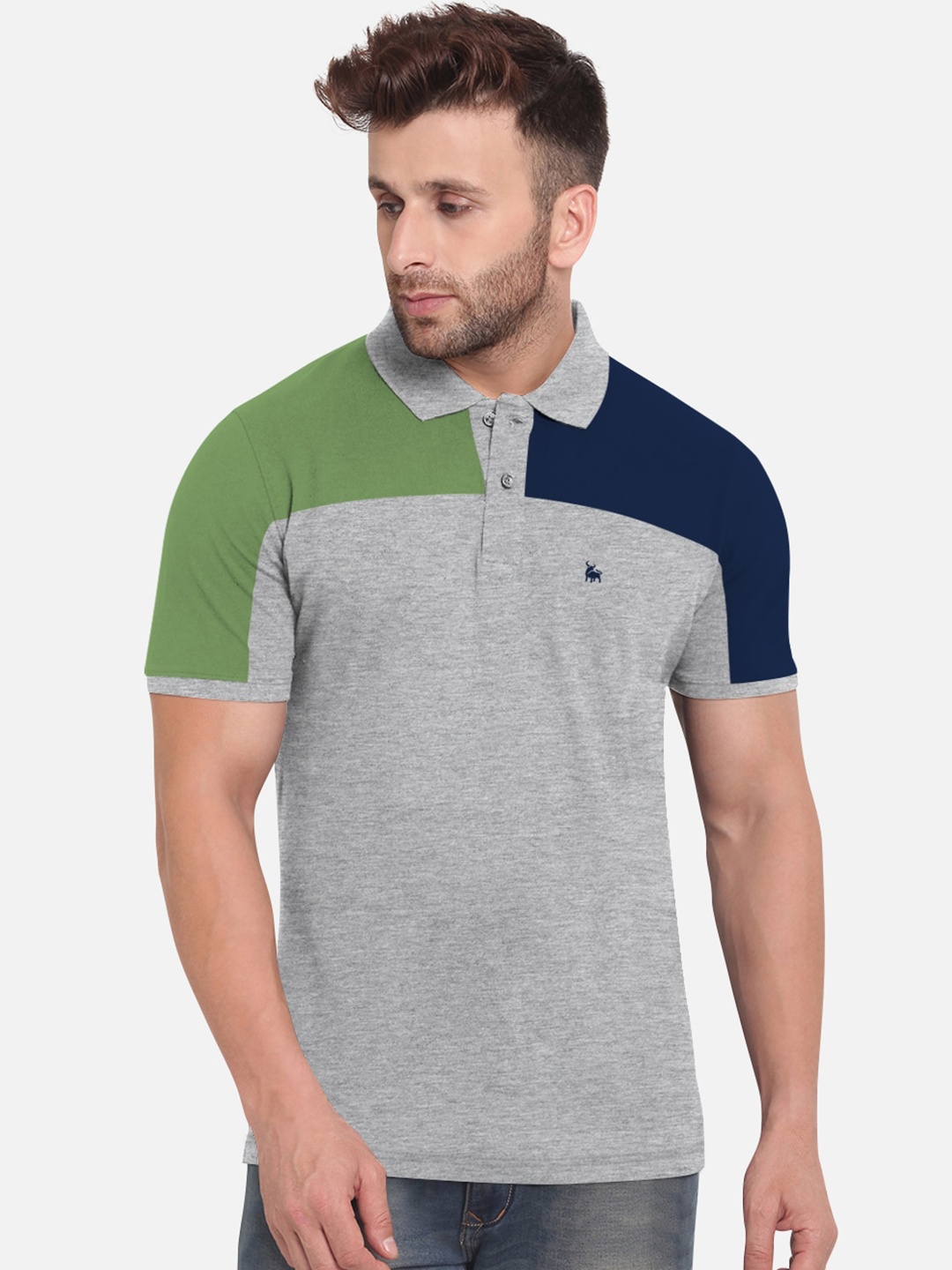 

BULLMER Men Grey Green Colourblocked Polo Collar Cotton Pure Cotton T-shirt