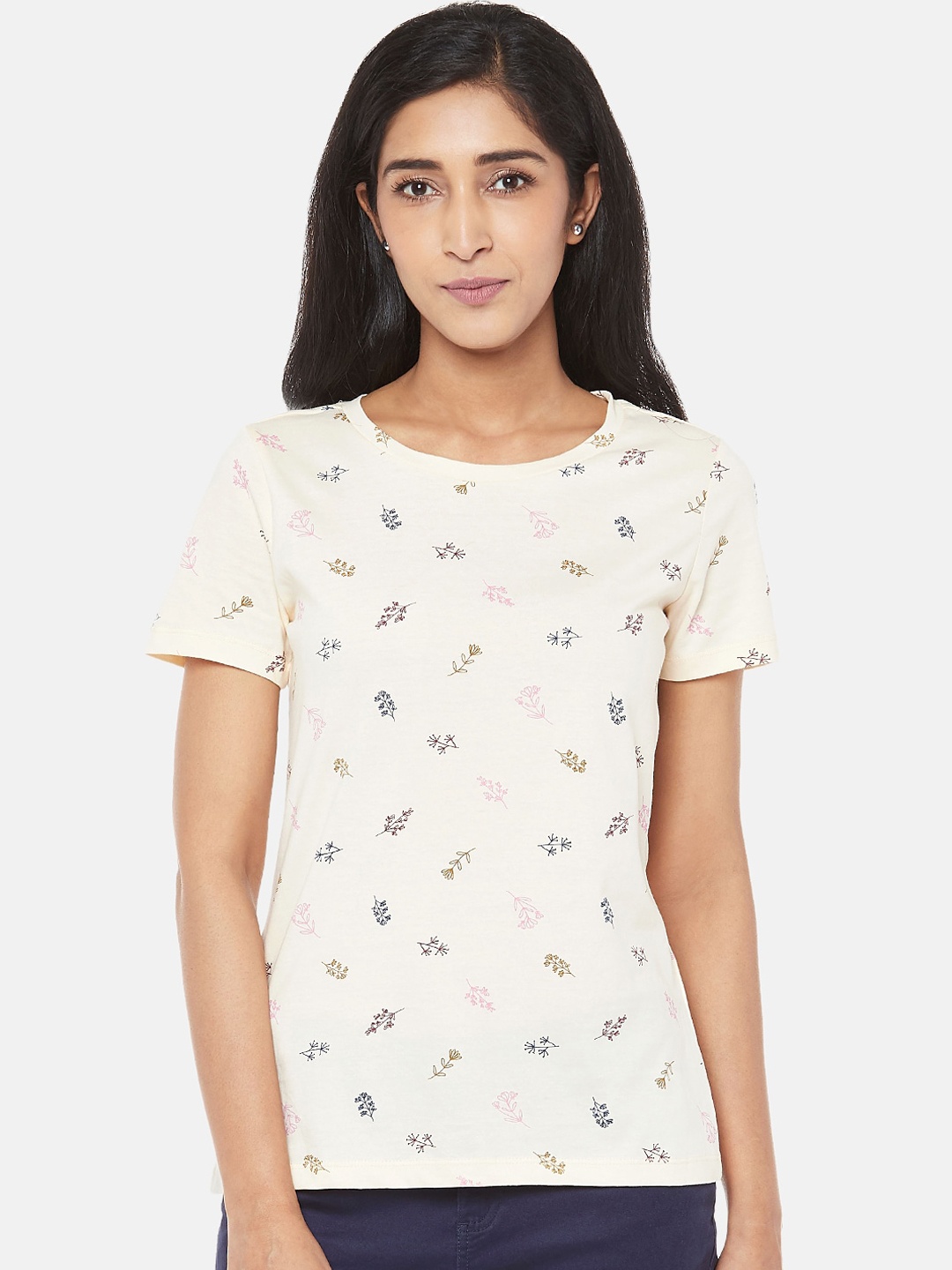 Honey by Pantaloons Women Beige Printed Round Neck T-shirt