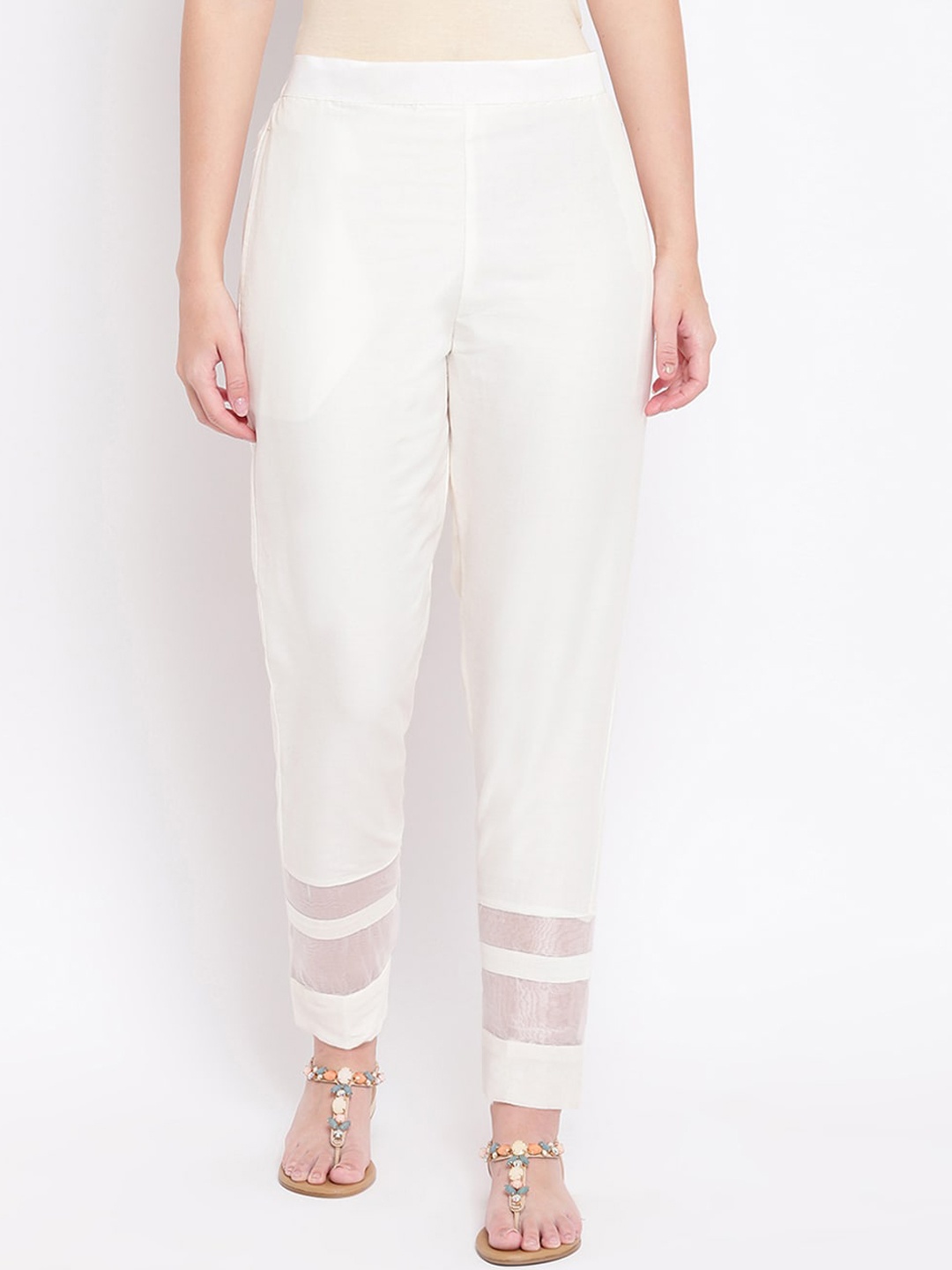 

RIVI Women Off-White Slim Fit Solid Cigarette Trousers