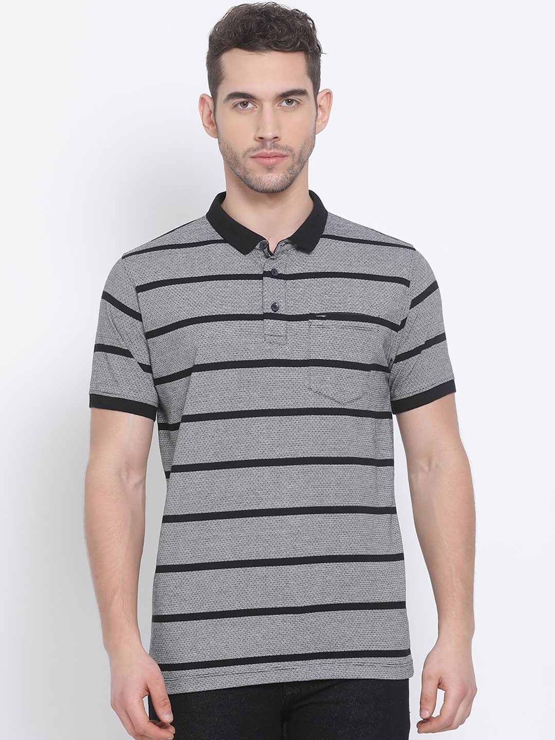 

Richlook Men Grey Striped Polo Collar T-shirt
