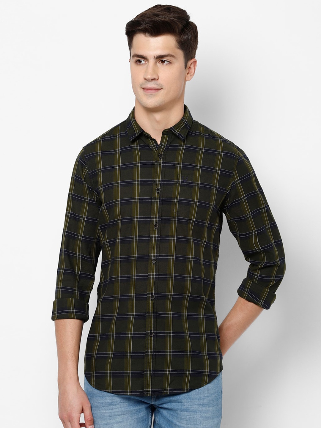 

Allen Solly Sport Men Olive Green & Black Regular Fit Checked Pure Cotton Casual Shirt