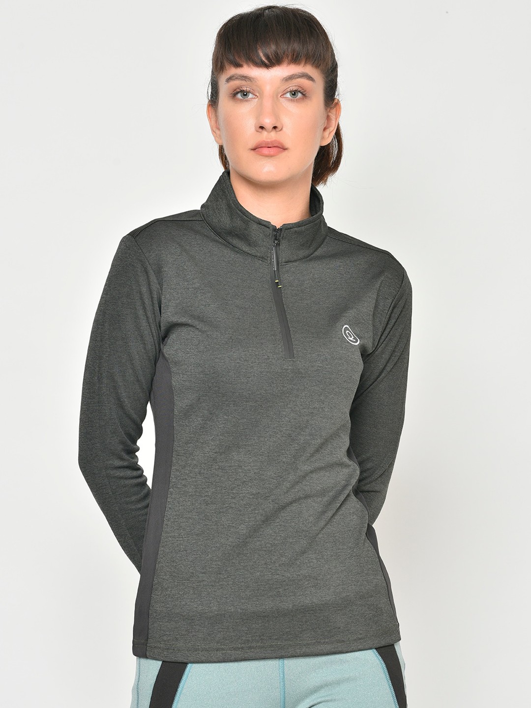 

CHKOKKO Women Olive High Neck Training or Gym T-shirt