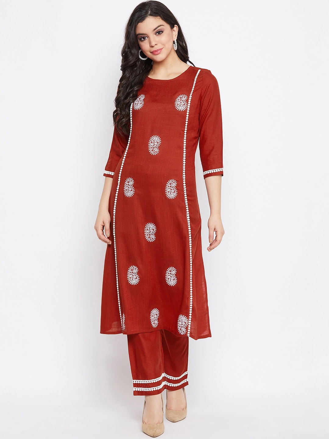 

WineRed Women Embroidered Rayon Kurta with Palazzos, Maroon