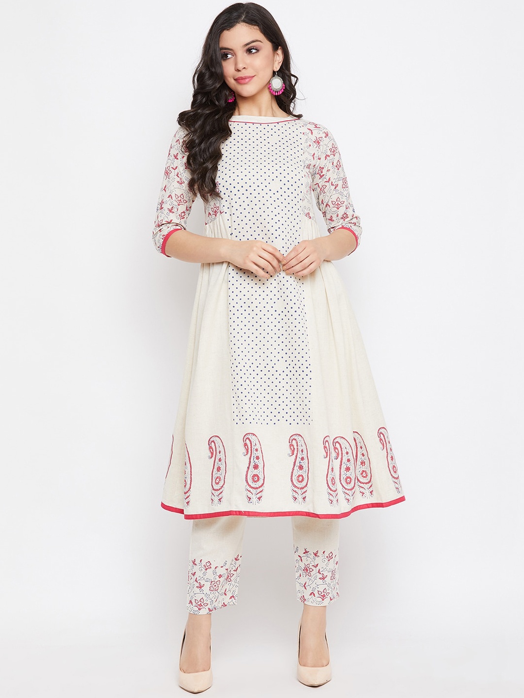 

WineRed Women Off-White Printed Kurta with Trousers