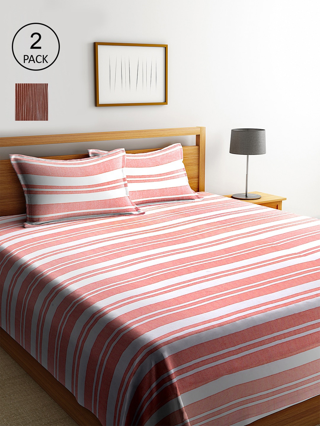 

KLOTTHE Set Of 2 Brown & Pink Striped Double Bed Covers With 4 Pillow Covers