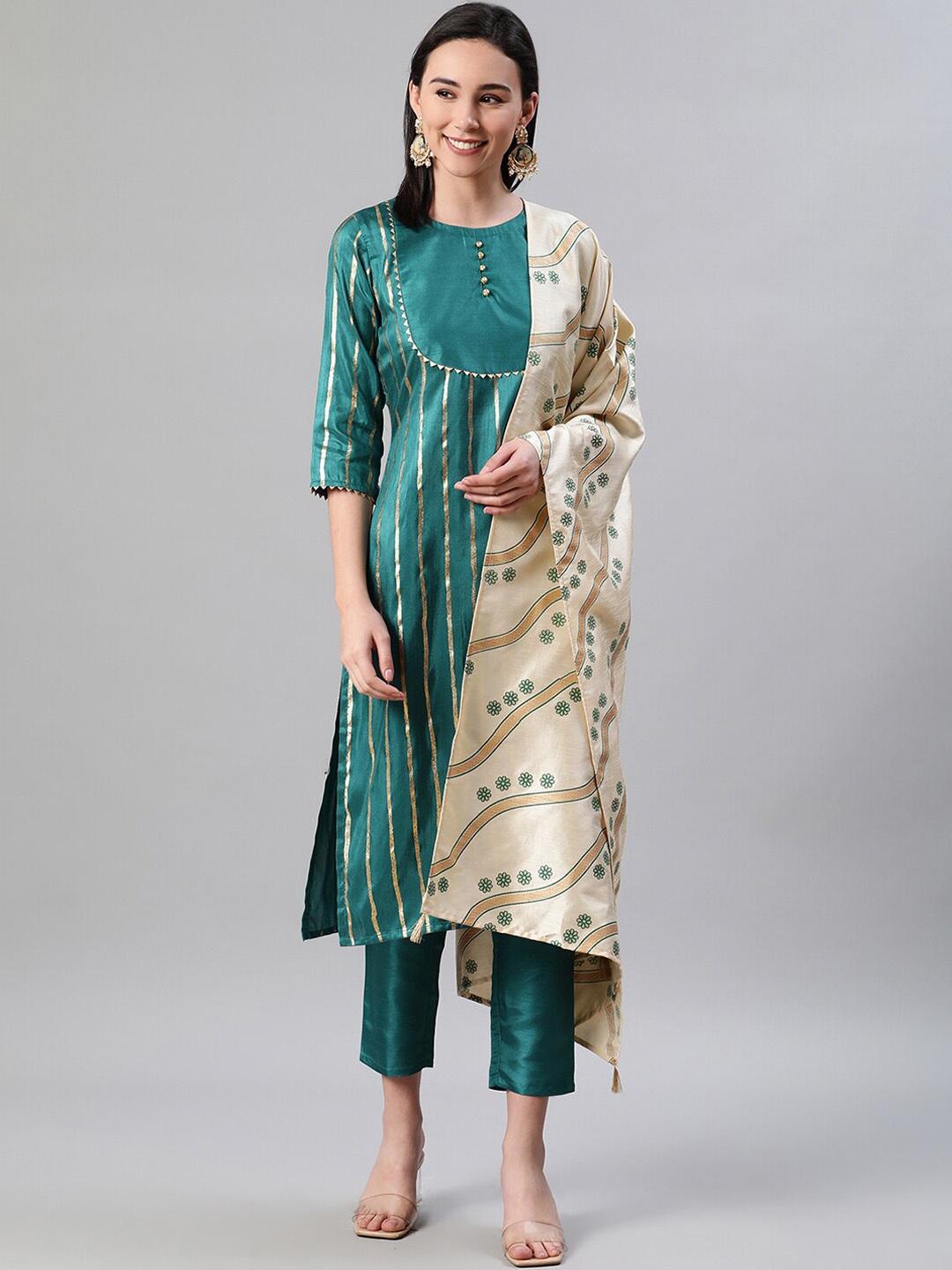

ZIYAA Women Green & Gold-Toned Striped Kurta with Trousers & Dupatta