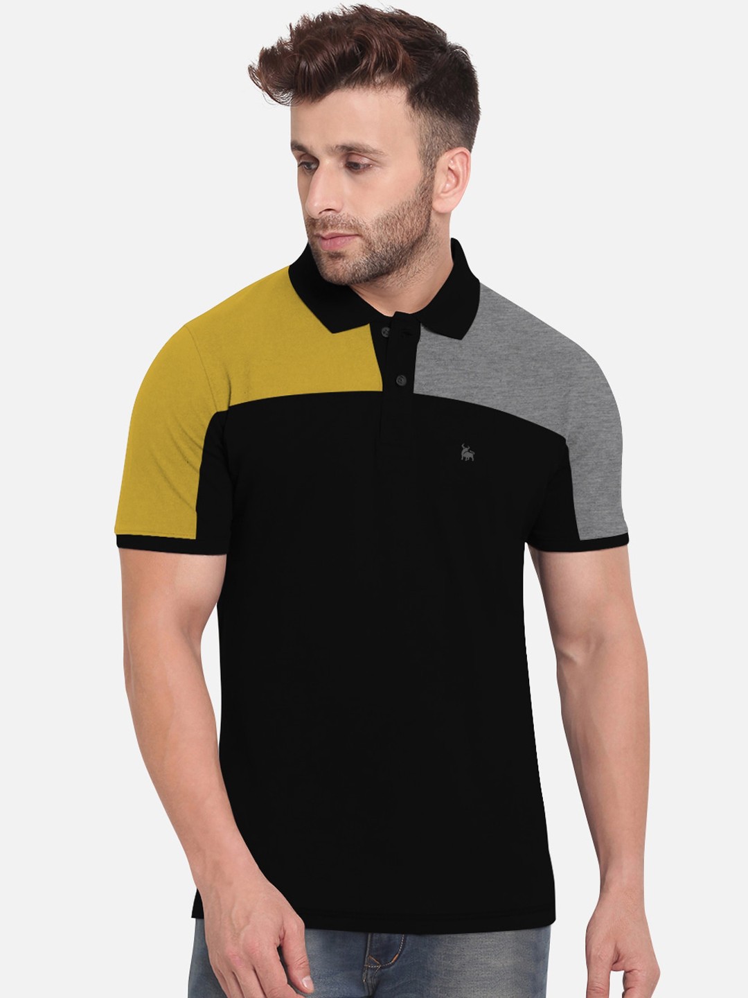 

BULLMER Men Black & Yellow Colourblocked Polo Collar T-shirt