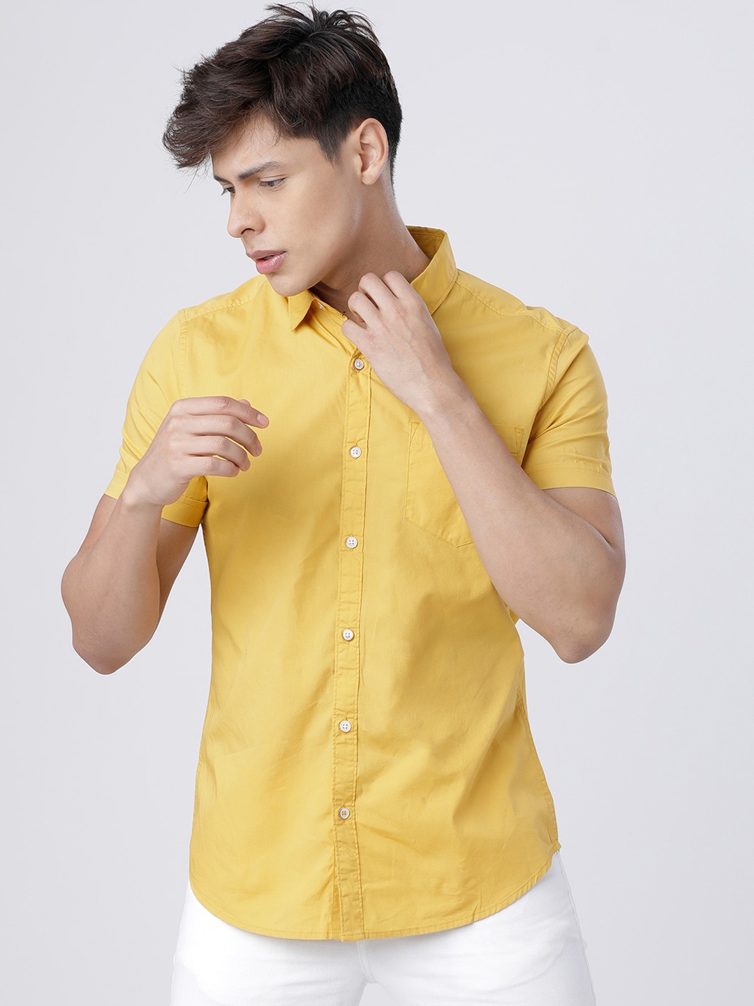 

HIGHLANDER Men Mustard Yellow Slim Fit Solid Cotton Casual Shirt