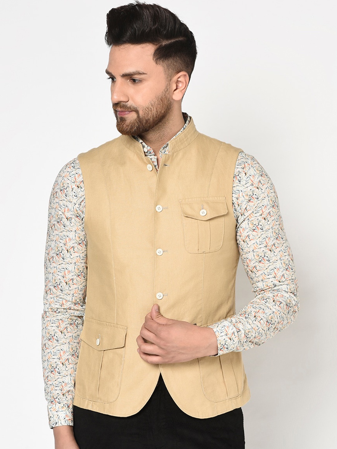 

Blackberrys Men Beige Solid Nehru Jacket
