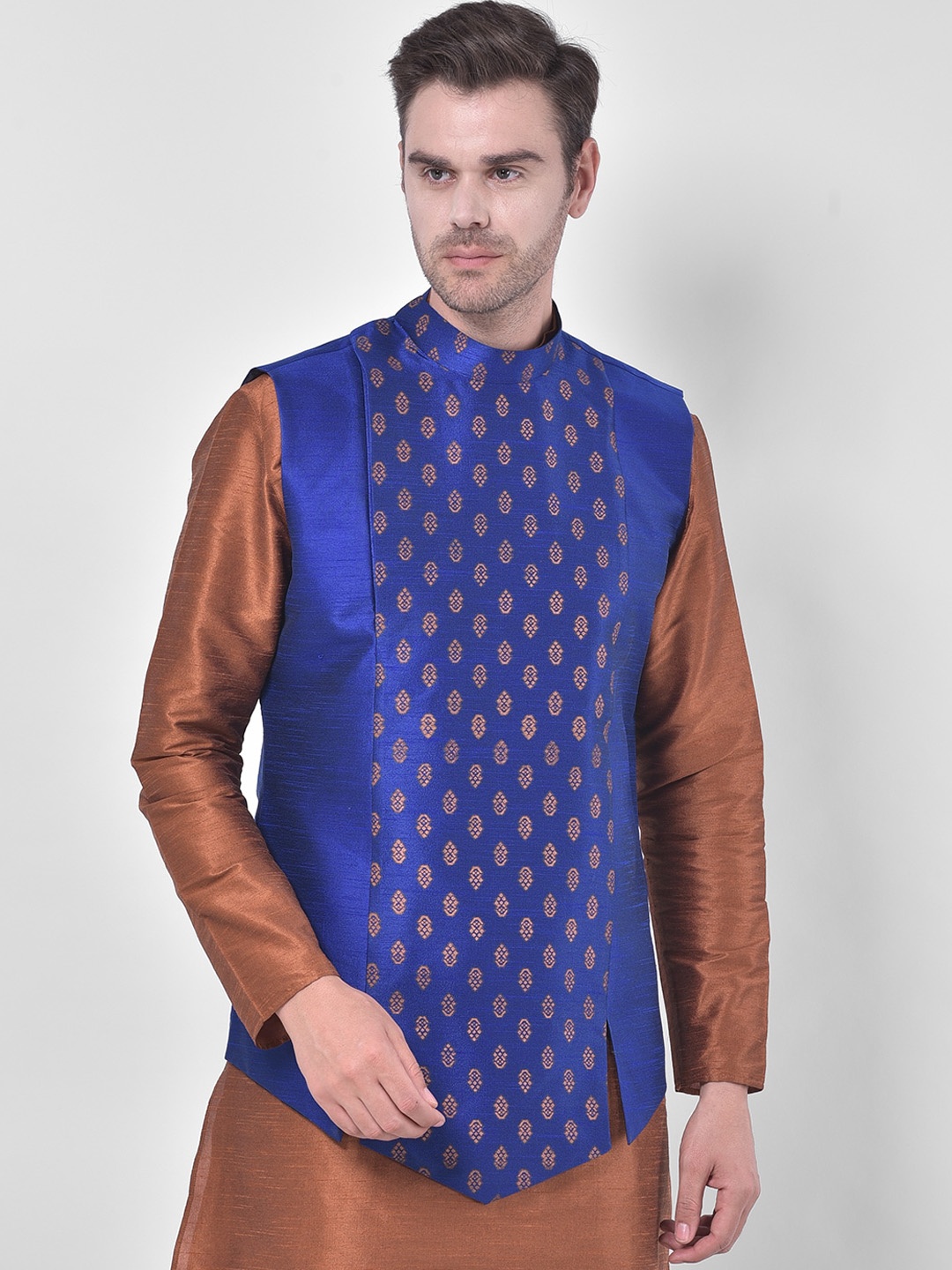 

DEYANN Men Blue & Brown Printed Woven Nehru Jacket