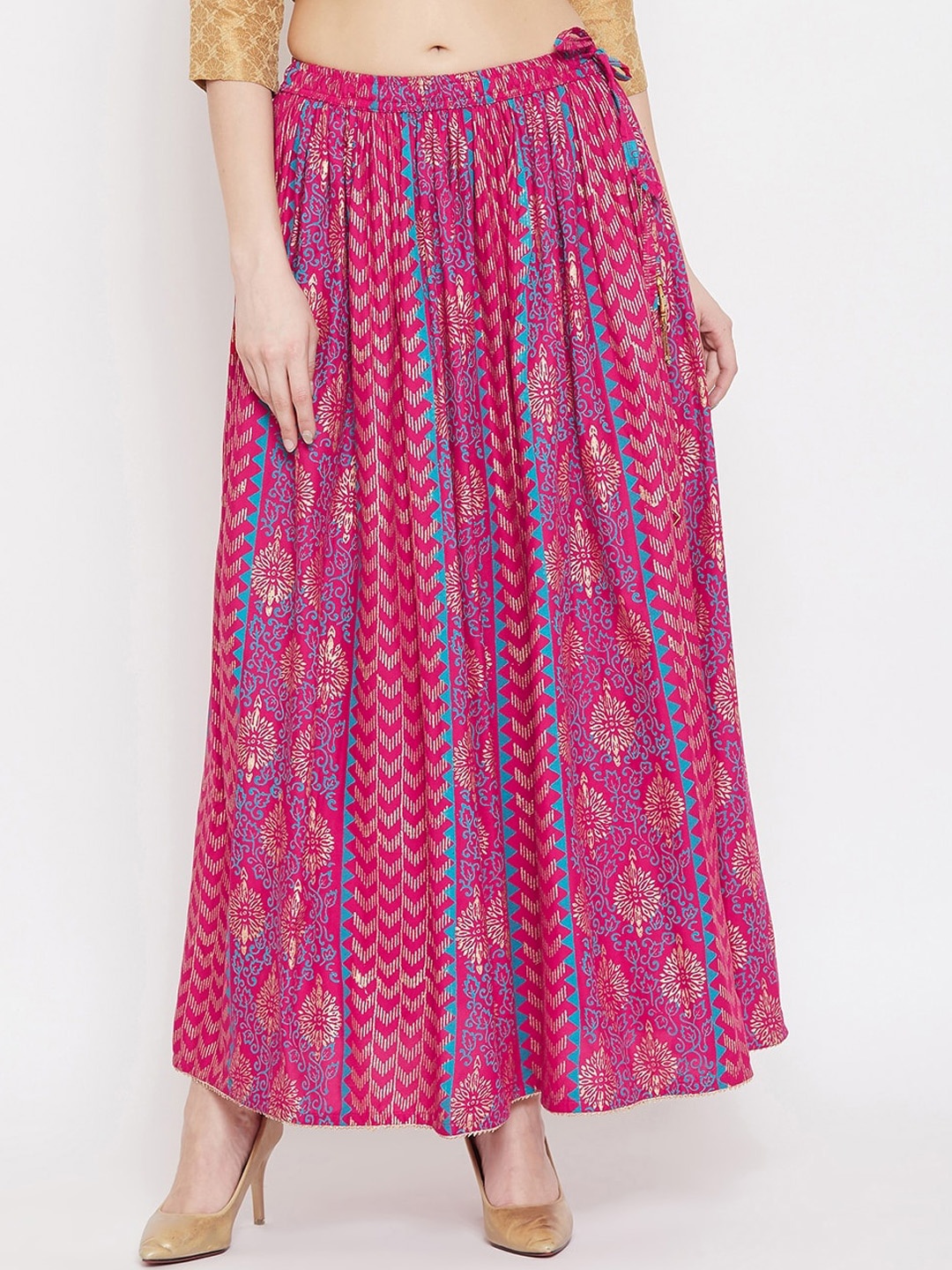 

Clora Creation Women Magenta Pink & Gold-Coloured Printed Flared Maxi Skirt