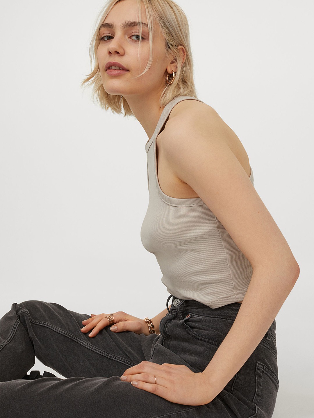 

H&M Women Beige Solid Ribbed Vest Top