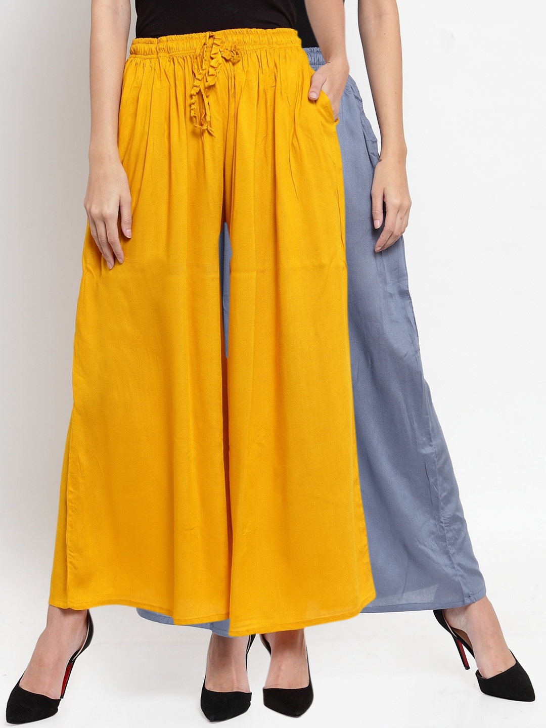 

Clora Creation Women Pack of 2 Mustard Yellow & Grey Solid Flared Palazzos