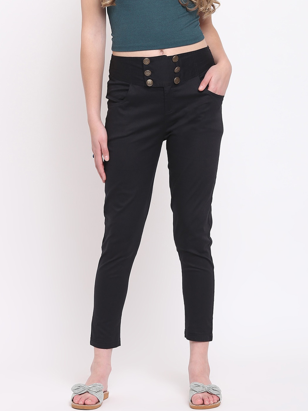 RIVI Women Black Slim Fit Solid Regular Trousers