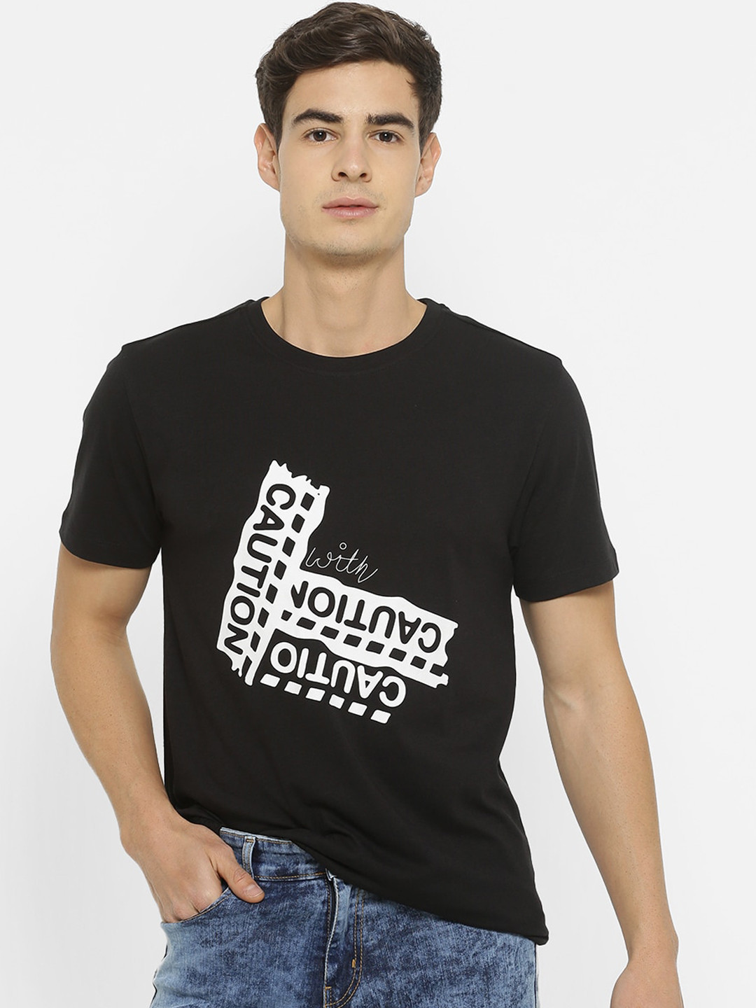 

FOREVER 21 Men Black Printed Round Neck T-shirt