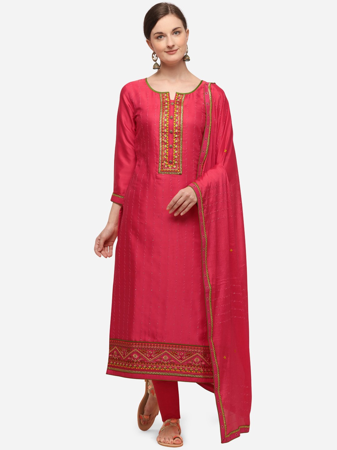 

SheWill Pink & Green Satin Unstitched Dress Material