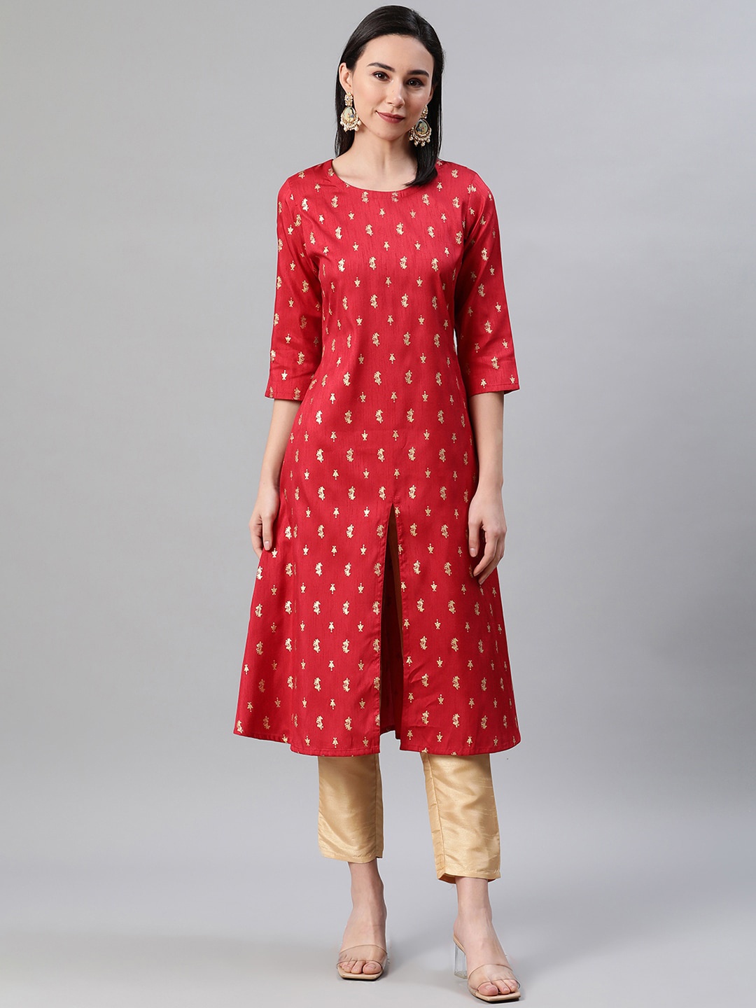 

ZIYAA Women Red & Beige Foil Printed Kurta with Trousers