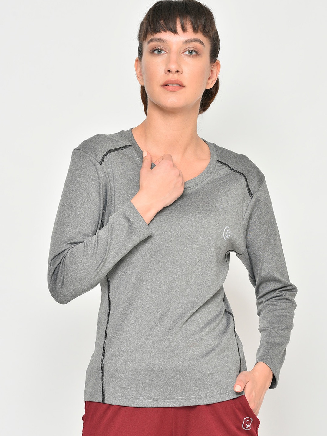

CHKOKKO Women Grey Melange Solid Round Neck T-shirt