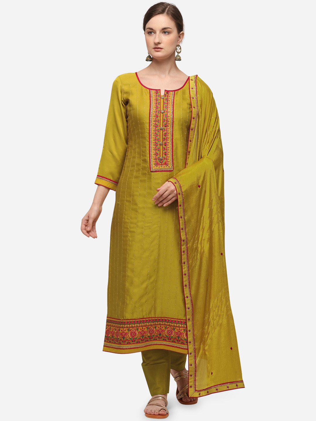 

SheWill Green & Red Satin Unstitched Dress Material