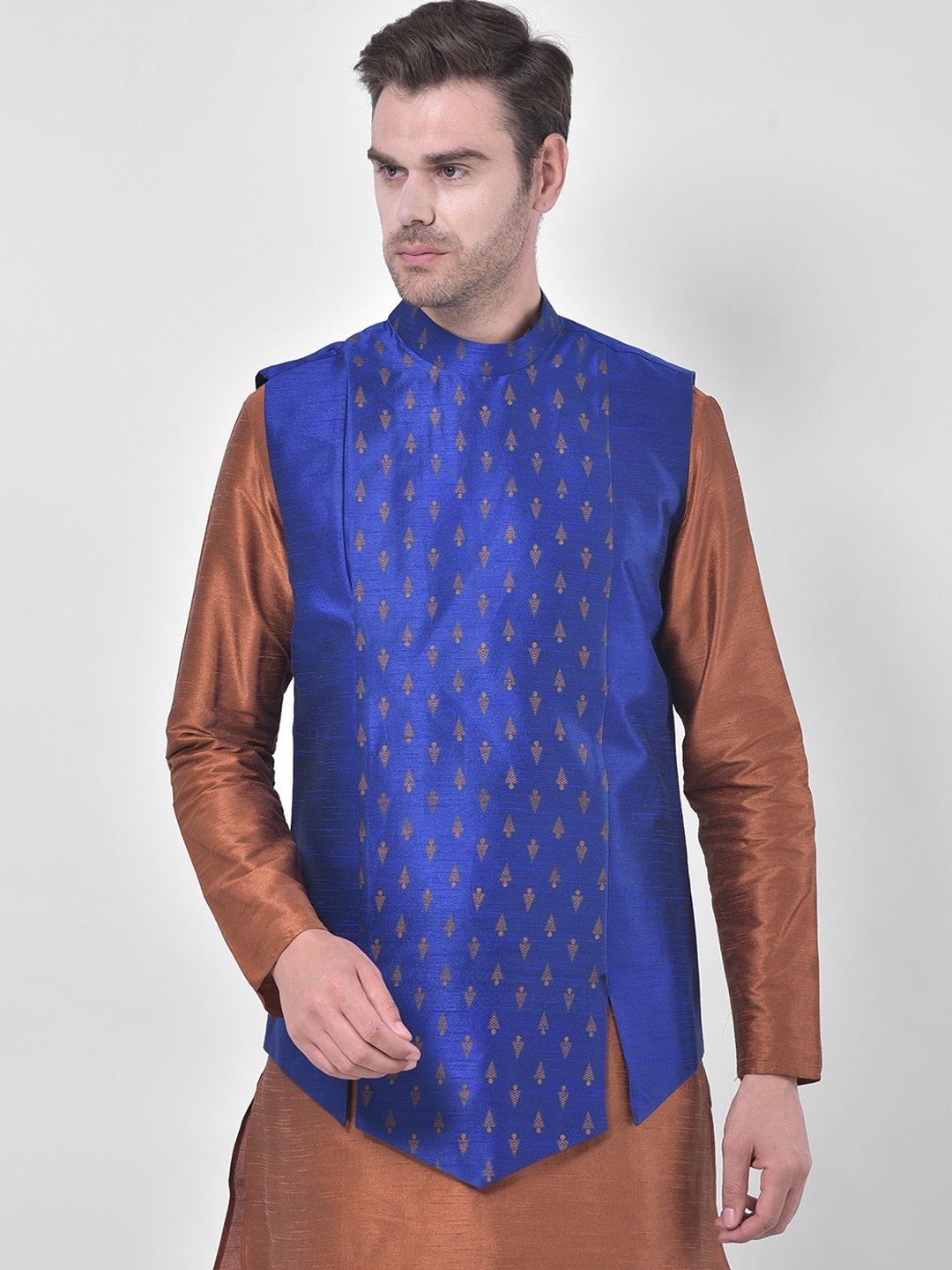 

DEYANN Men Blue & Gold-Colored Printed Nehru Jacket