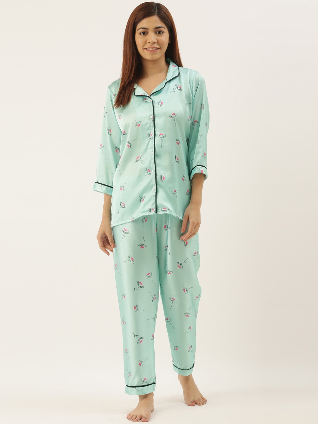 

Bannos Swagger Women Turquoise Blue & Pink Printed Night Suit