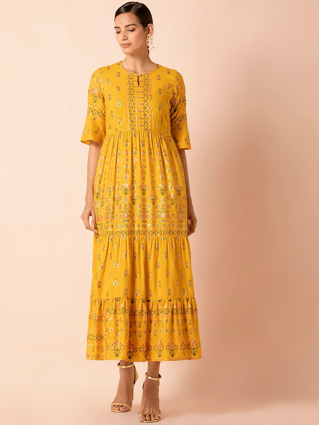 INDYA Mustard Women Foil Bell Sleeve Tiered Maxi Dress