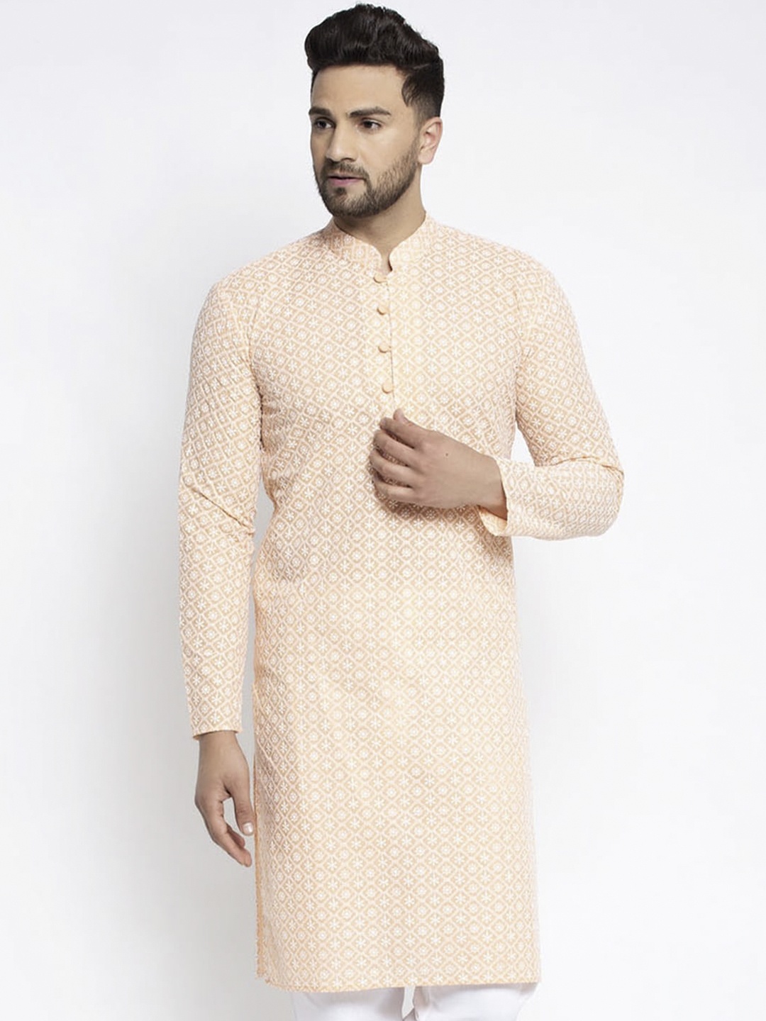 

Jompers Men Peach-Coloured Thread Work Kurta