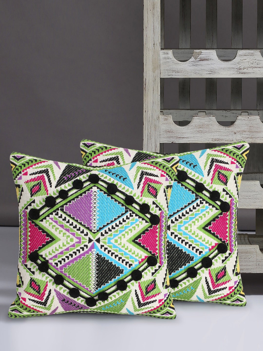 

Mezposh Green & Blue Set of 2 Ethnic Motifs Square Cushion Covers